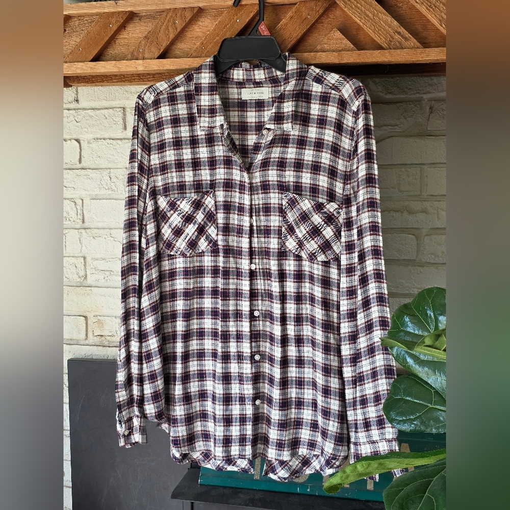 Lucky Brand Long Sleeve Plaid Split Back Button Down Tunic Women's Size L